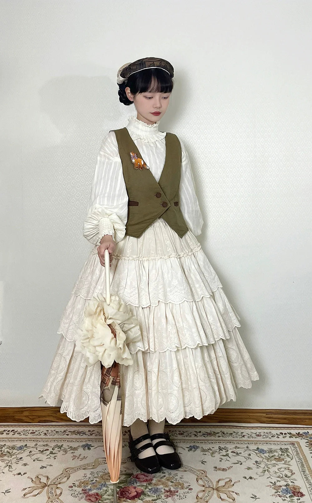 Miss Point - Chubby Fox in the Forest - Customized Lolita Skirt Embroidery Lace Cotton Lolita Skirt