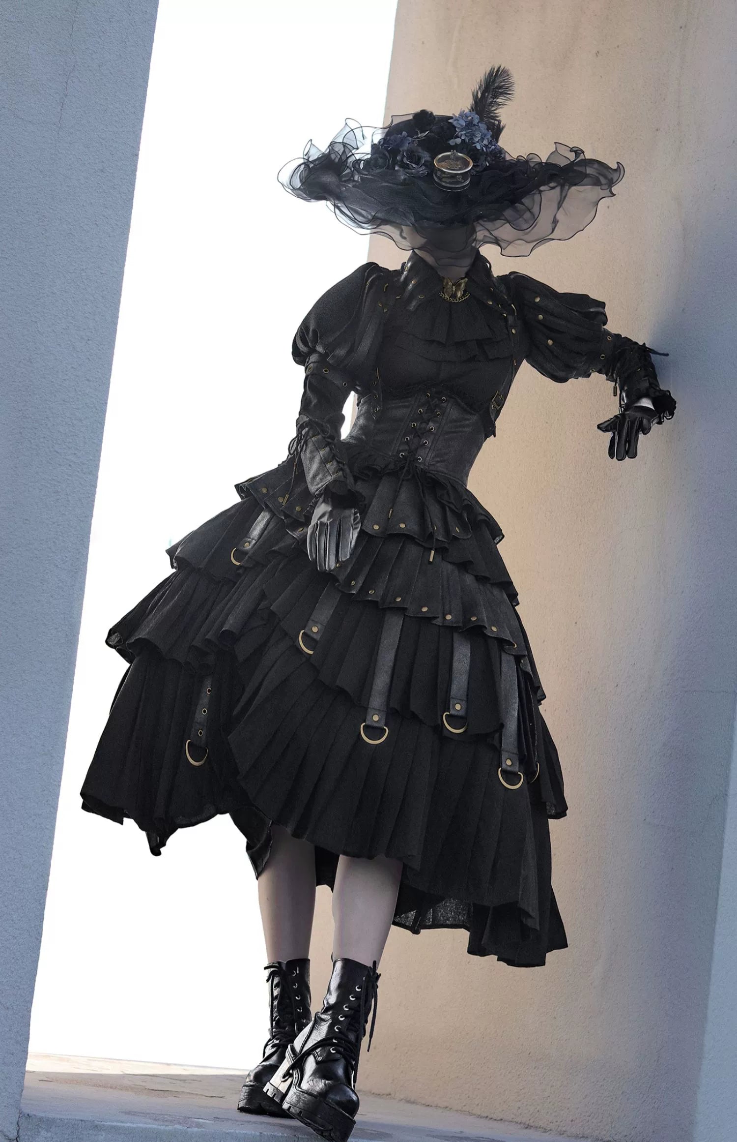 FOXTROT - Black Mist Beloved - Corset Gothic Lolita SK, Shirt, Faux Leather Cage Overlay