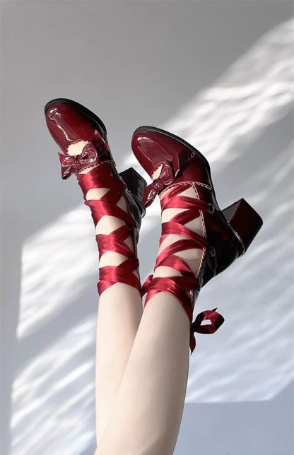 MR.Qiutian - Muse Kiss - Elegant Lolita Shoes Lace-up Bow Heels Round Toe