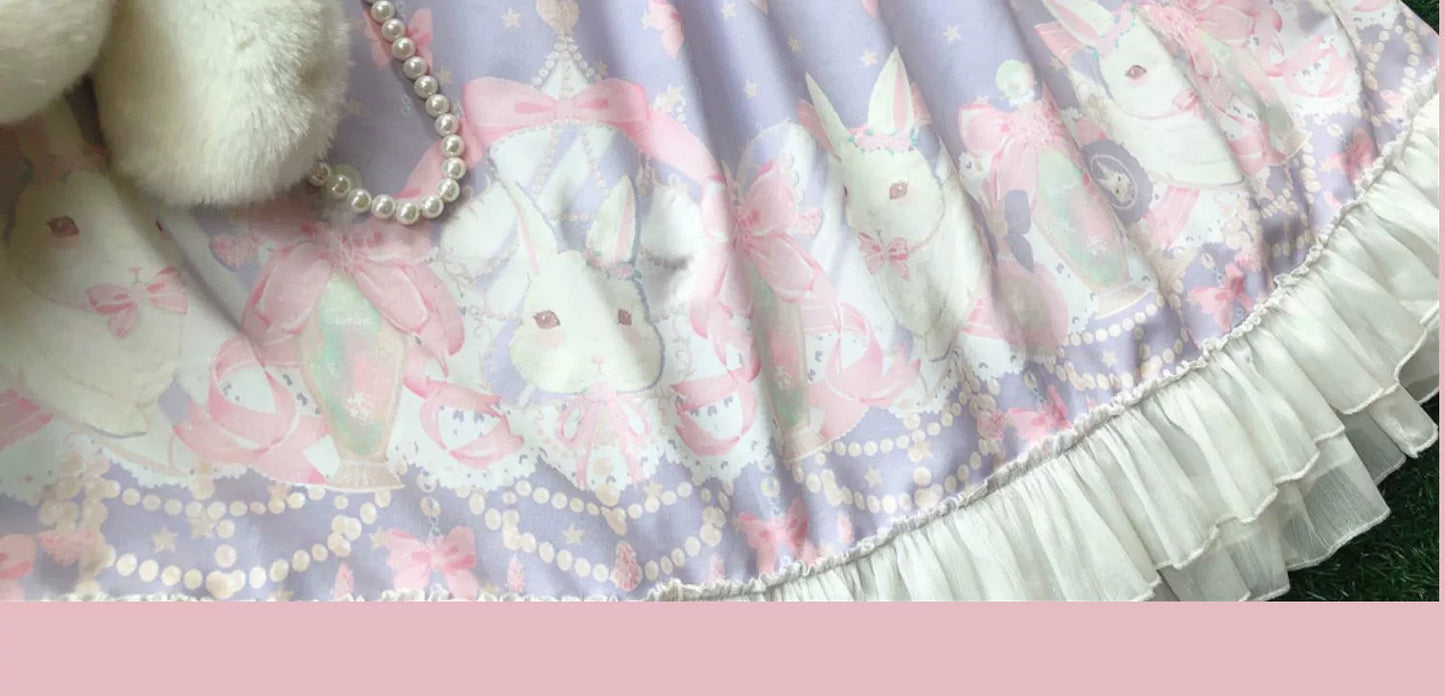 Doujiang - Kawaii Lolita OP Rabbit Print Pink Purple Lace Princess Dress