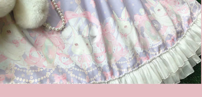 Doujiang - Kawaii Lolita OP Rabbit Print Pink Purple Lace Princess Dress