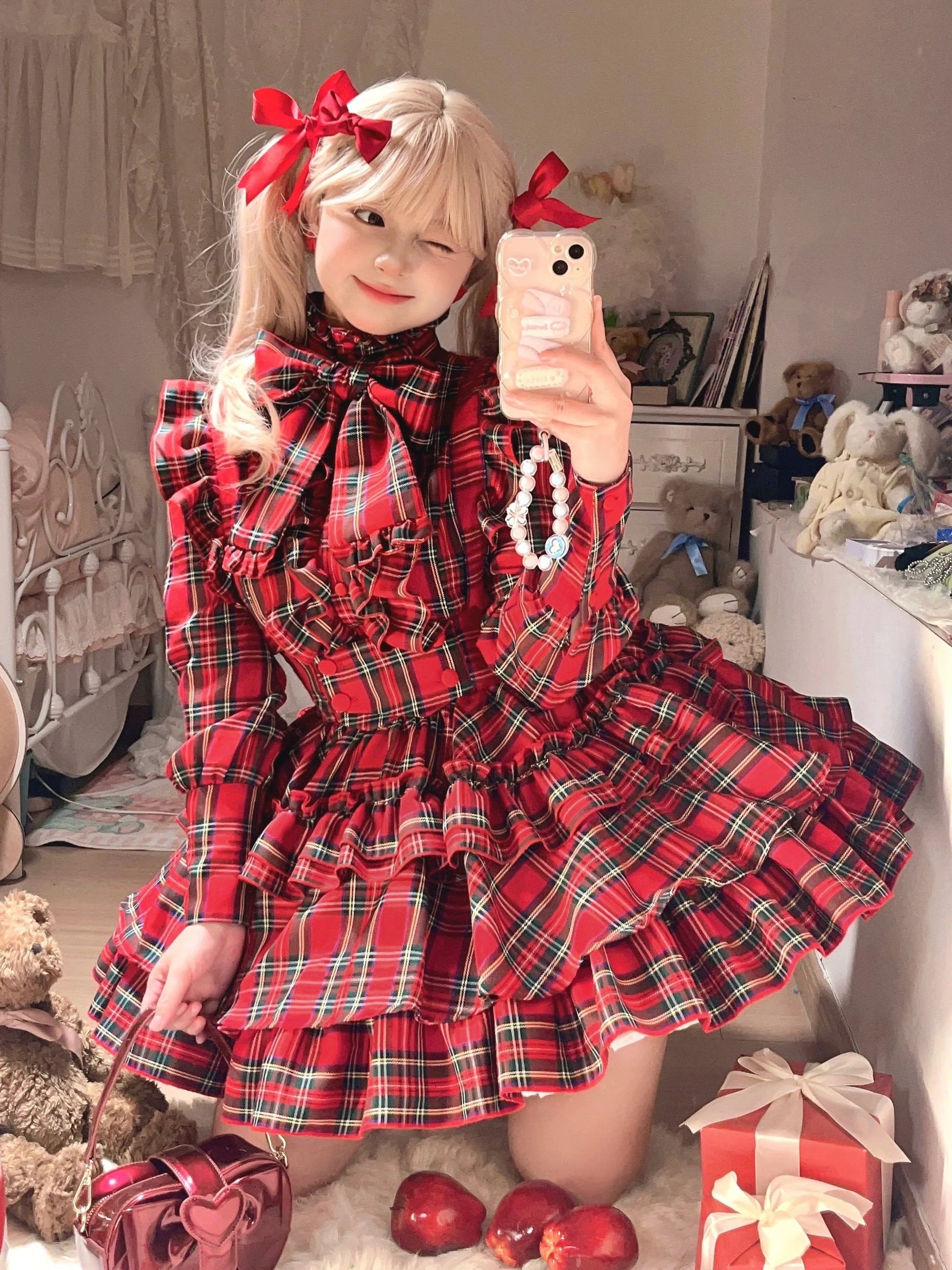 CATCOCOON - Humanoid Gift Box - Christmas Plaid Lolita Blouse & SK