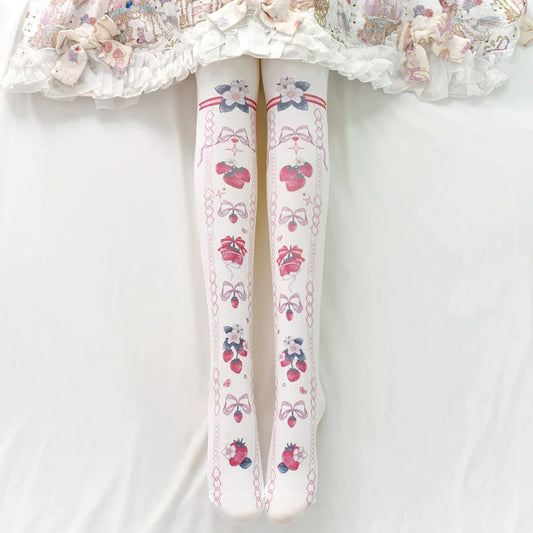 Wuxiaoliu - Sweet Lolita Tights Strawberry Bow Printing White Pantyhose