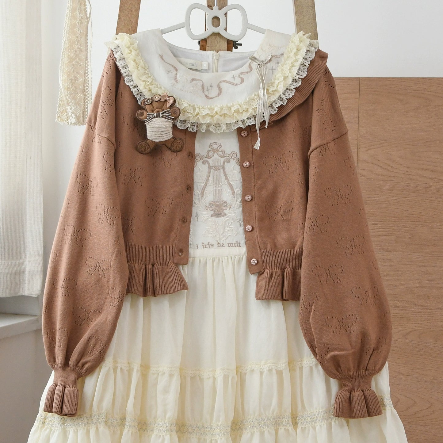 MIST - Vintage Lolita Bow Hollowed-out Sweater Ruffled Cardigan