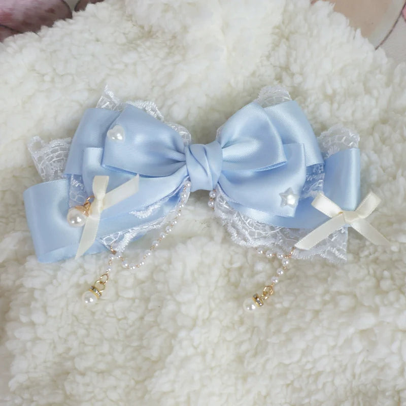 MaoJiang Handmade - Dreamy Sweet Lolita Layerd Bow Hair Clip, Pearl Accents