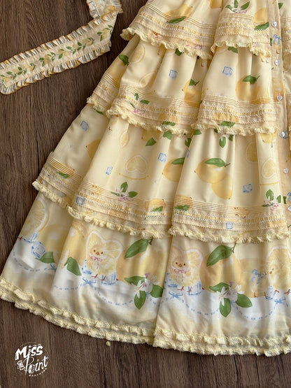 Miss Point - Lemon Chick - Country Lolita Printed OP With Button Front