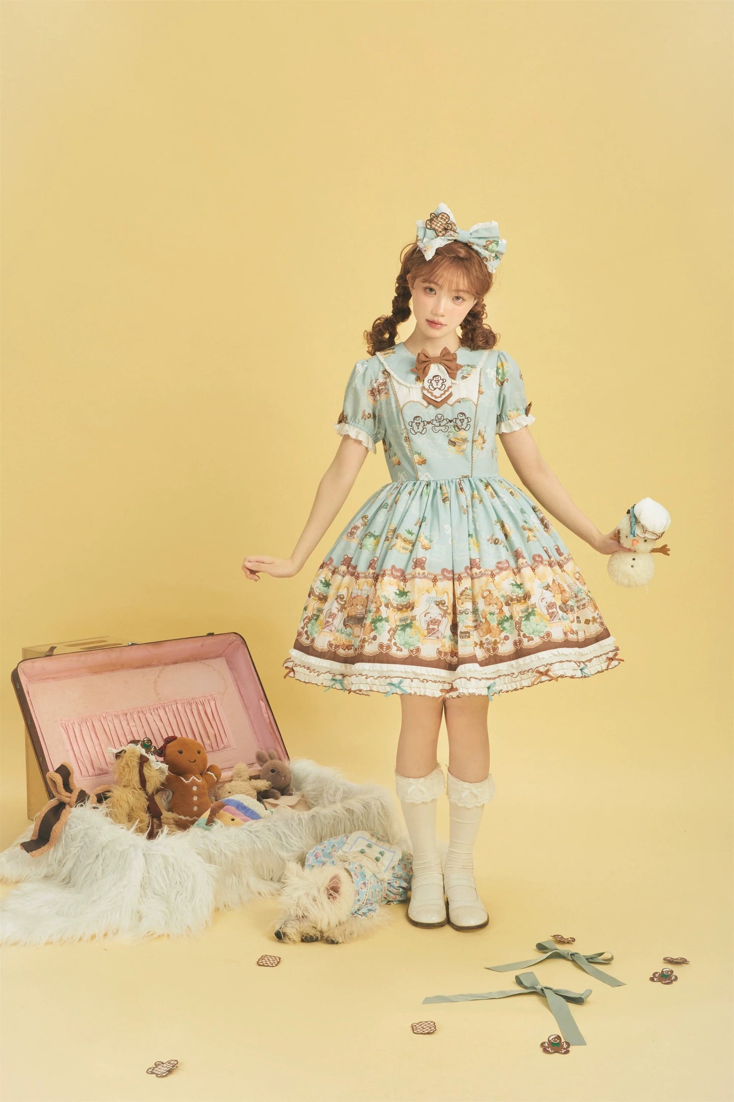 Babyblue - Little Bear Honey Jar - Kawaii Lolita Short Sleeve OP Gingerbread Man Embroidered Dress