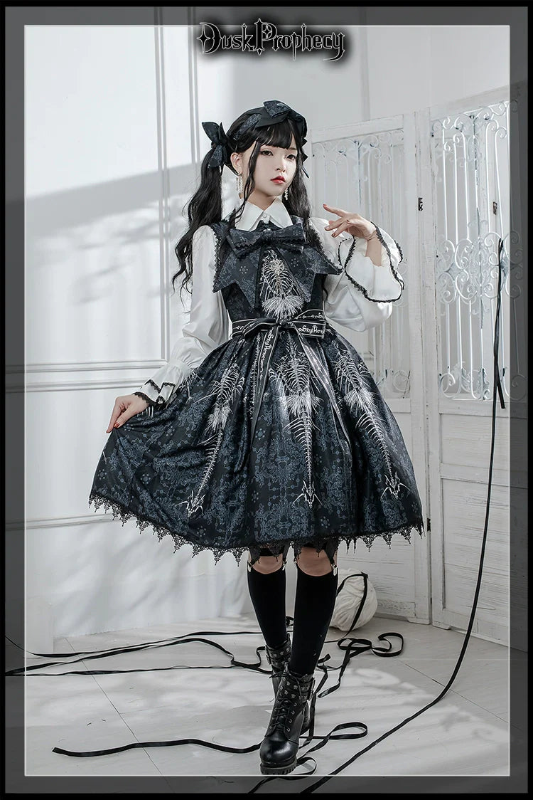 DuskProphecy - Coccyx - Elegant Lolita Dress High Waist Fishbone Print JSK Set