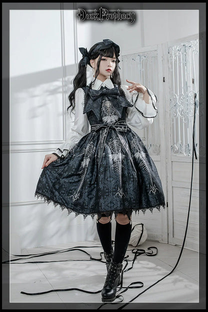 DuskProphecy - Coccyx - Elegant Lolita Dress High Waist Fishbone Print JSK Set