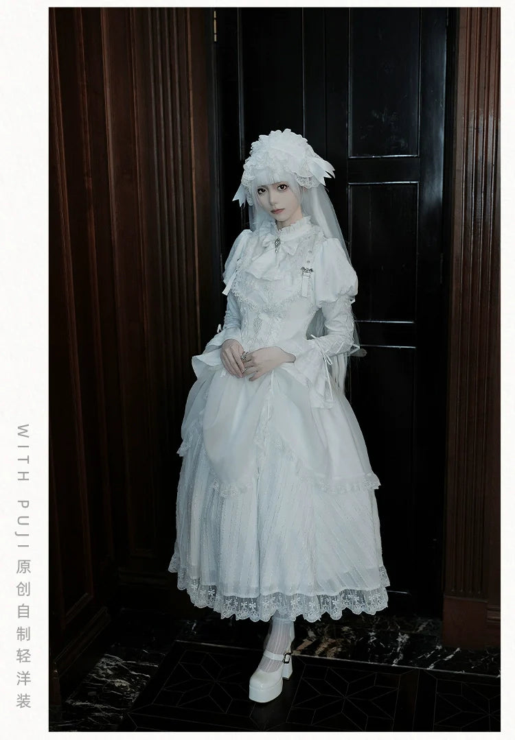 With PUJI - Fallen Heaven - White Gothic Lolita OP Set, Double Layered Skirt