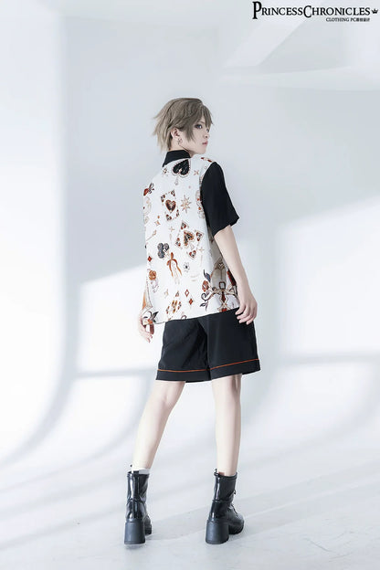 Princess Chronicles - Floral Intoxication - Retro Ouji Lolita Shirt Floral Short Sleeve Shirt and Embroidered Black Shorts