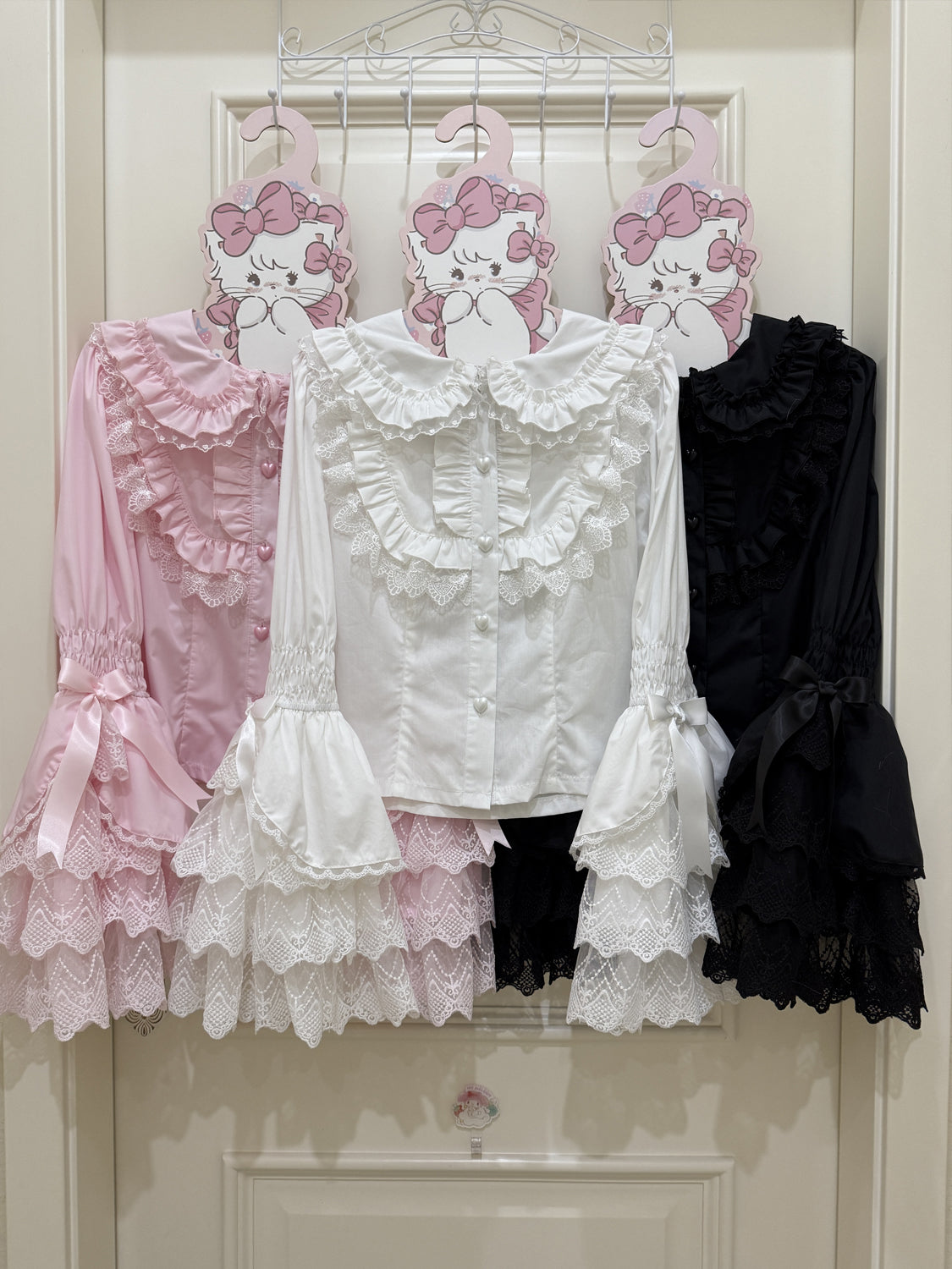 Hanguliang - Cross Heart Knot - Sweet Lolita JSK Suit Tiered Ruffles Dress with Lace Blouse