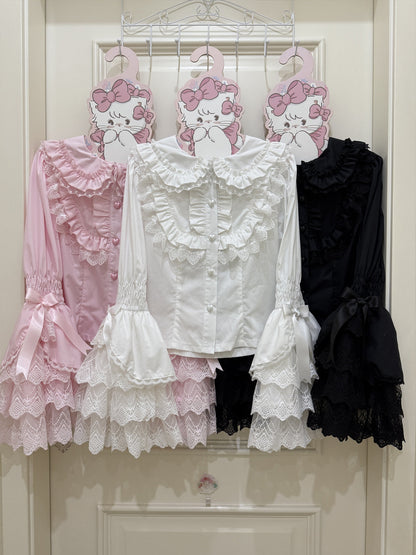 Hanguliang - Cross Heart Knot - Sweet Lolita JSK Suit Tiered Ruffles Dress with Lace Blouse