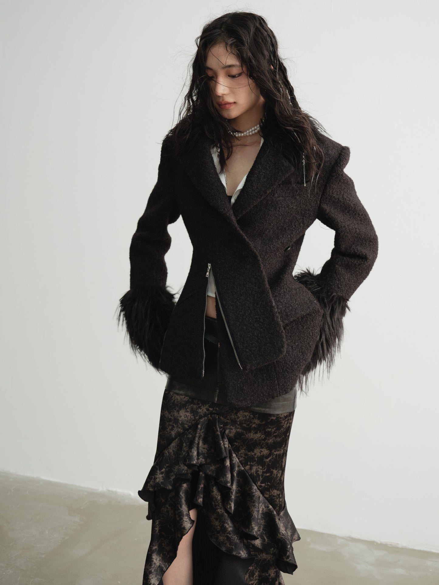 Imitation Fur Patchwork Oblique Placket Coat