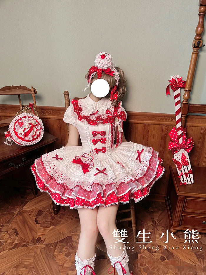 Shuang Sheng Xiao Xiong - Bite The Cake - Sweet Lolita Dress, Red & White Polka Dots