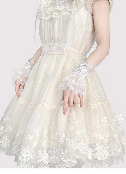 Hua Nai Cat - Star and Moon - Bridal Lolita Cuffs White and Black Ballet Style Lace Cuffs