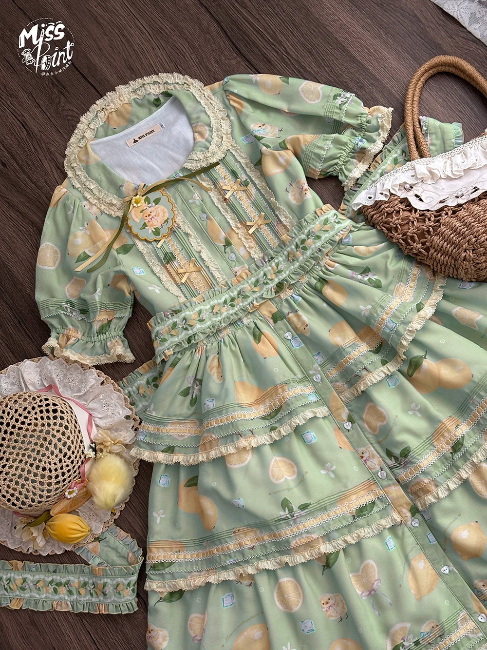 Miss Point - Lemon Chick - Country Lolita Printed OP With Button Front