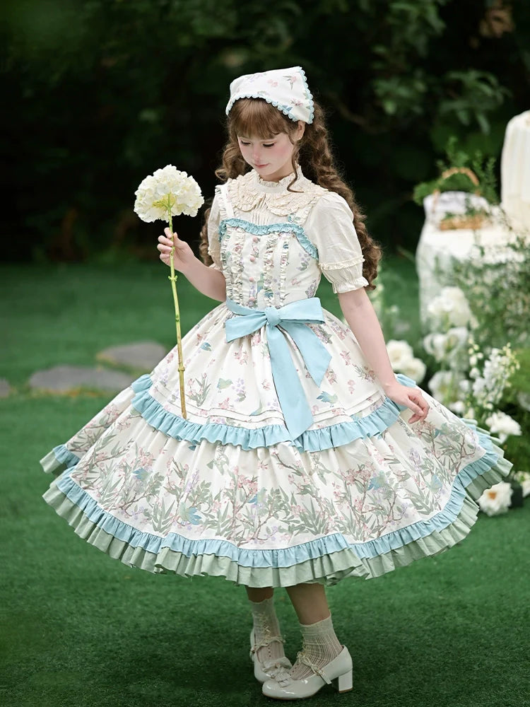 With PUJI - Oriole Time - Country Lolita JSK and OP Dress, Floral and Bird Print