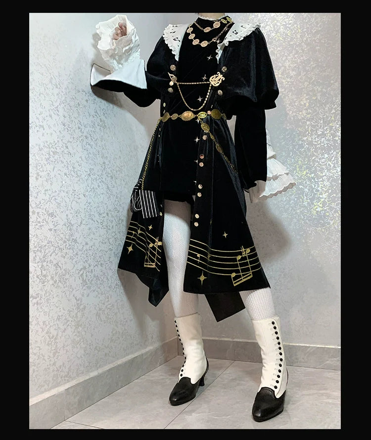 Forest Fluorescent Carps - Black and White Sonata - Ouji Lolita Vest Suit and Vintage Lolita OP Dress