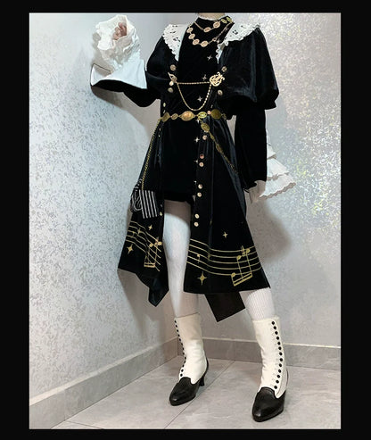 Forest Fluorescent Carps - Black and White Sonata - Ouji Lolita Vest Suit and Vintage Lolita OP Dress