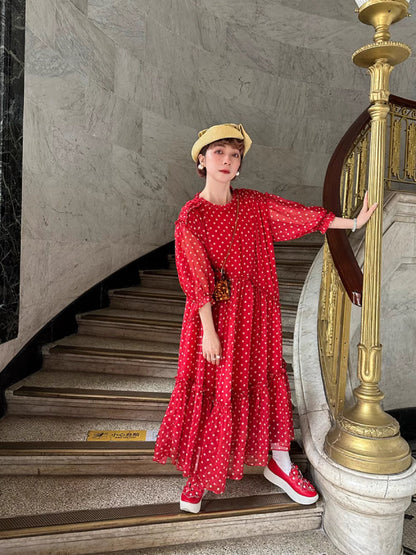 Vintage style dot chiffon dress【s0000006890】