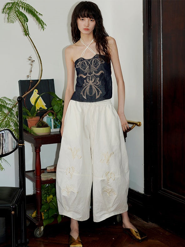 Flower Design Embroidery Halting Neck Denim Camisole
