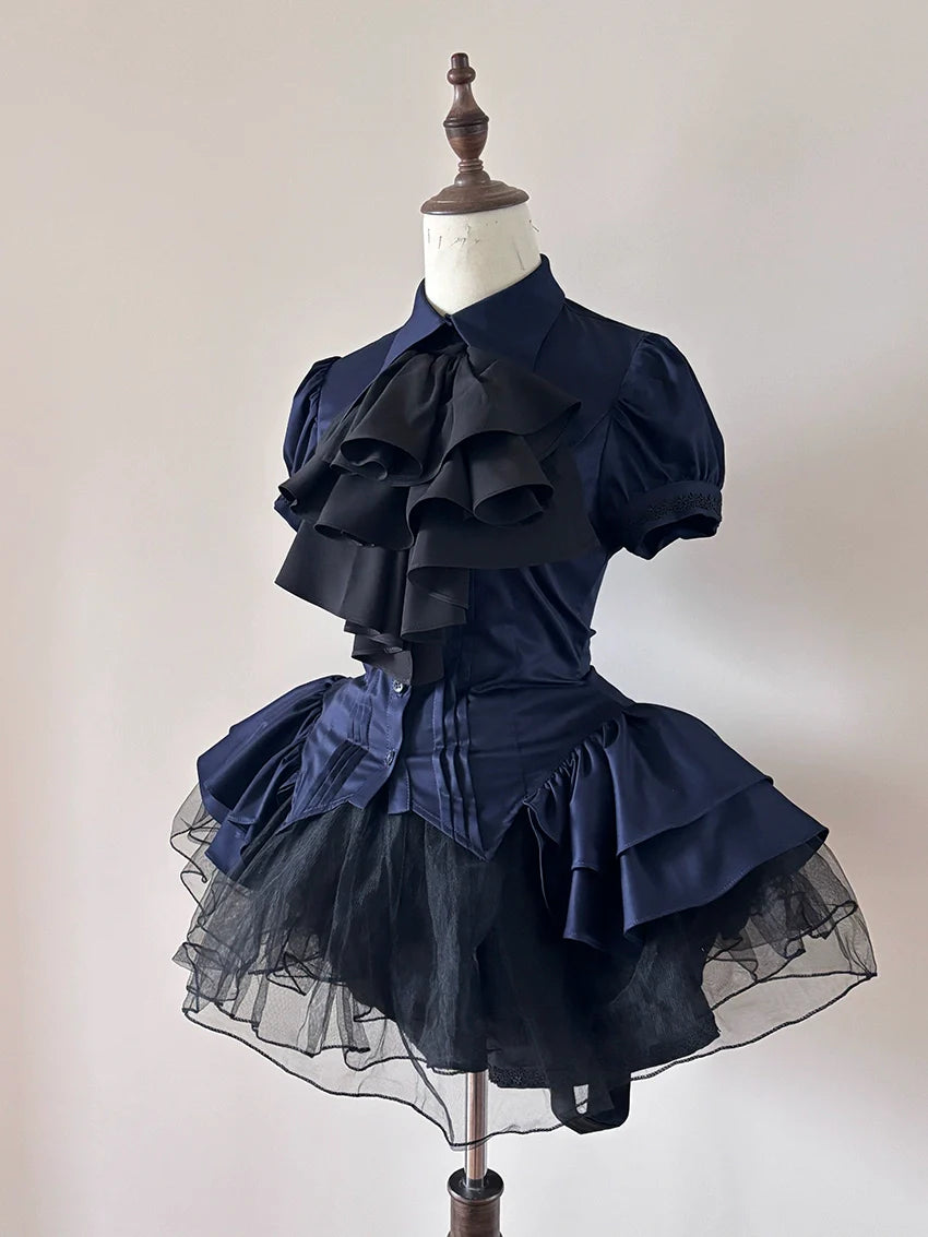 FlowerFairyDaily - Midnight Prayer - Solid Lolita Shirt with Flowing Tiered Back Hem