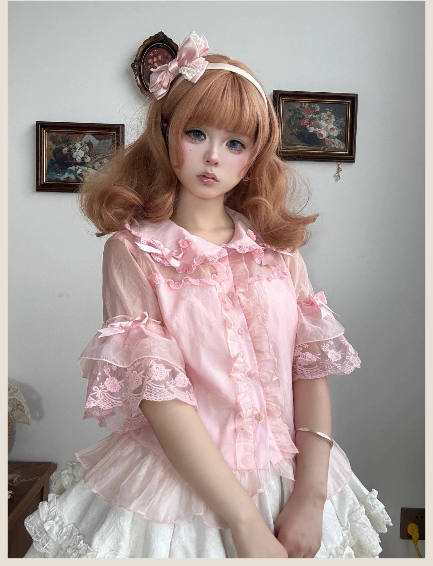 TaTaTa Lolita - Flower Wall - Sweet Lolita Blouse Chiffon Kawaii Half-Sleeved Shirt