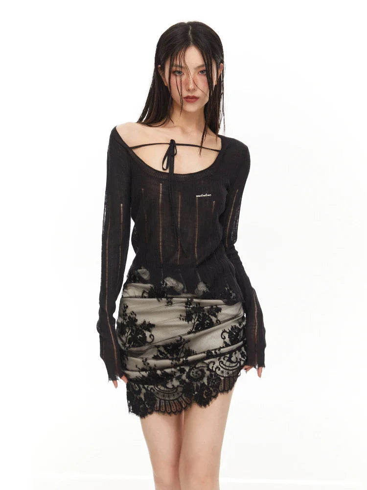 Asymmetrical lace pleated skirt【s0000010067】