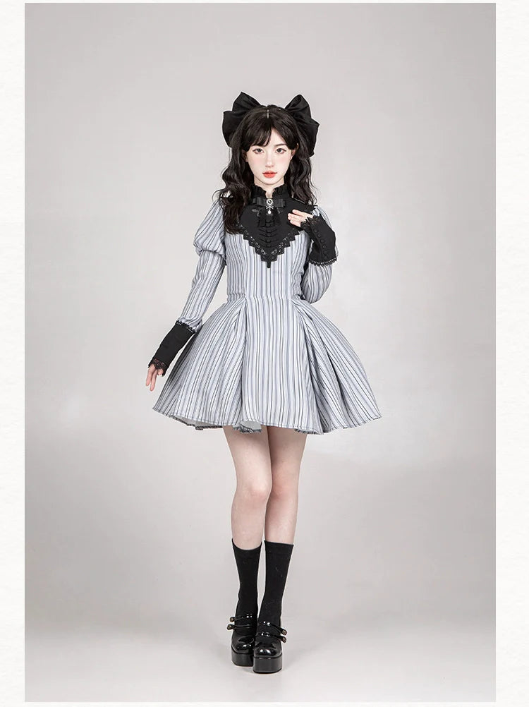 With PUJI - Nocturne SP - Striped Gothic Lolita OP Twin Lolita Dress with Apron