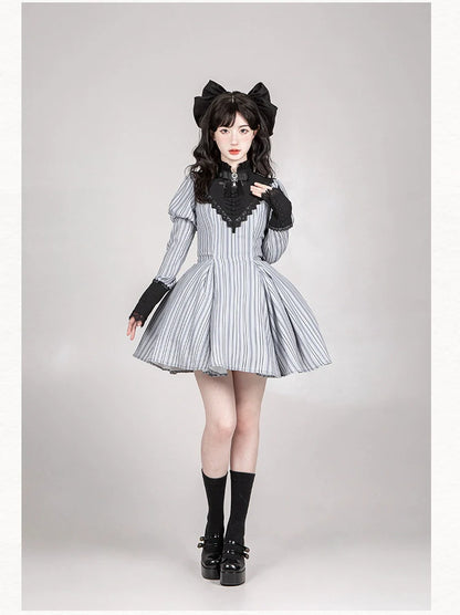 With PUJI - Nocturne SP - Striped Gothic Lolita OP Twin Lolita Dress with Apron