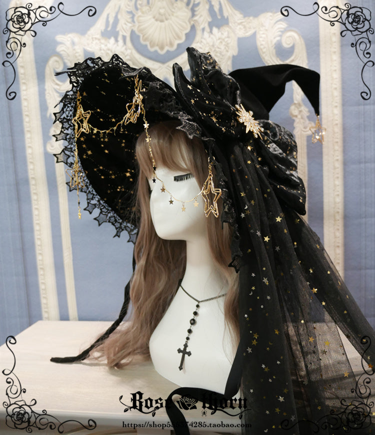 Rose Thorn - Polar Night Sky - Halloween Gorgeous Gilding Lolita Witch Hat