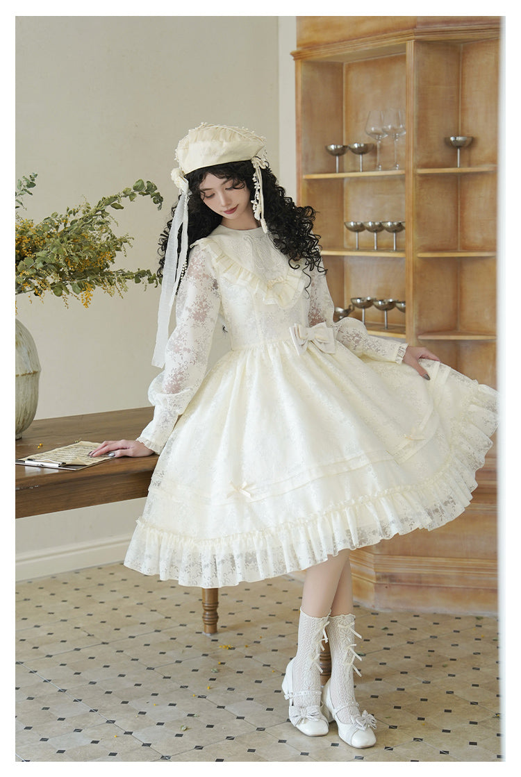 With PUJI - Floral Melody - Ivory Classic Lolita Long Sleeve OP Dress with Layered Bolero