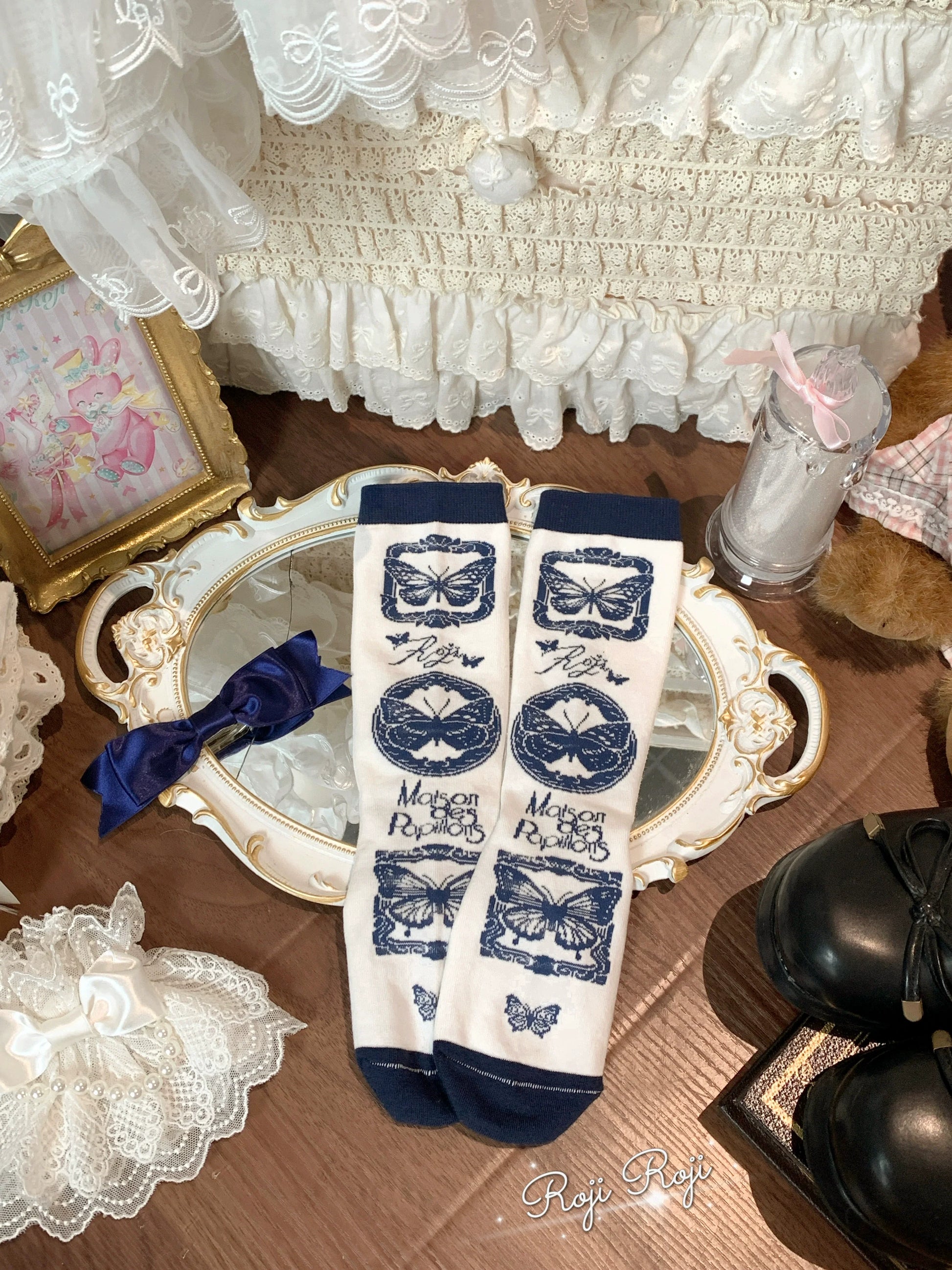 Roji Roji - Sweet Lolita Cotton Socks, Detachable Cuff Bow Trim