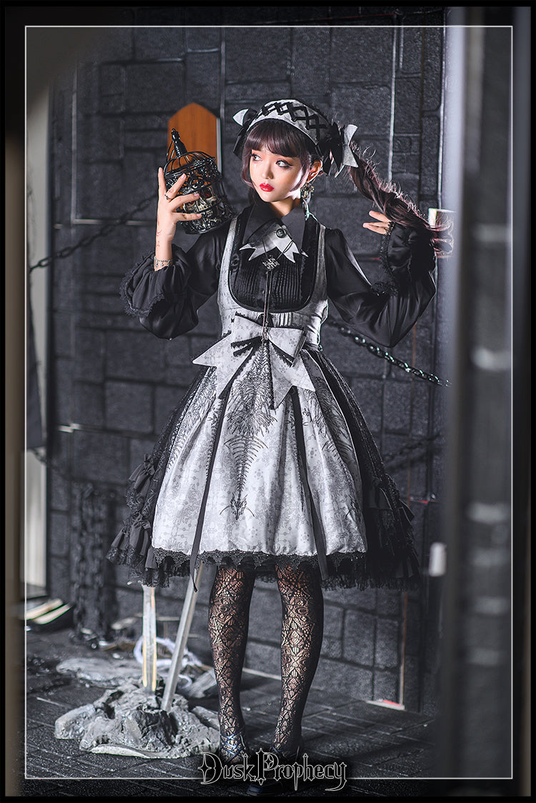 DuskProphecy - Coccyx - Elegant Lolita Dress High Waist Fishbone Print JSK Set