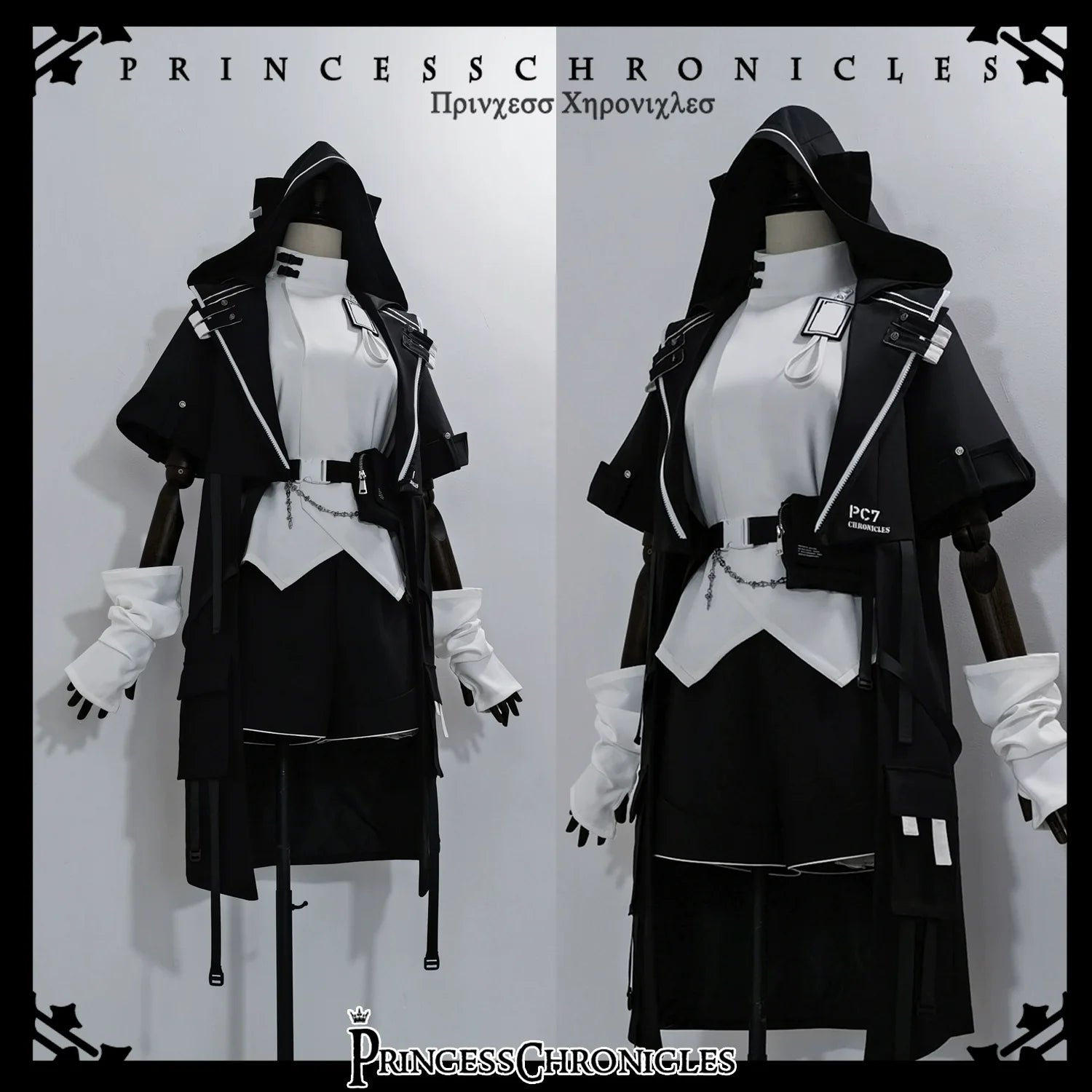 Princess Chronicles - White Cat Dark - Techwear Cyberpunk Cat Ear Hooded Jacket, Pocket Shorts