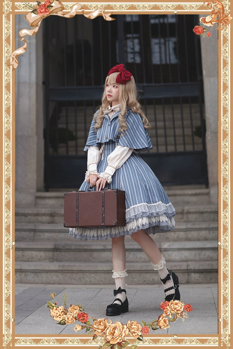 Infanta - Elegant Lolita Stripe High-waist Jumper Dress Set and Cape