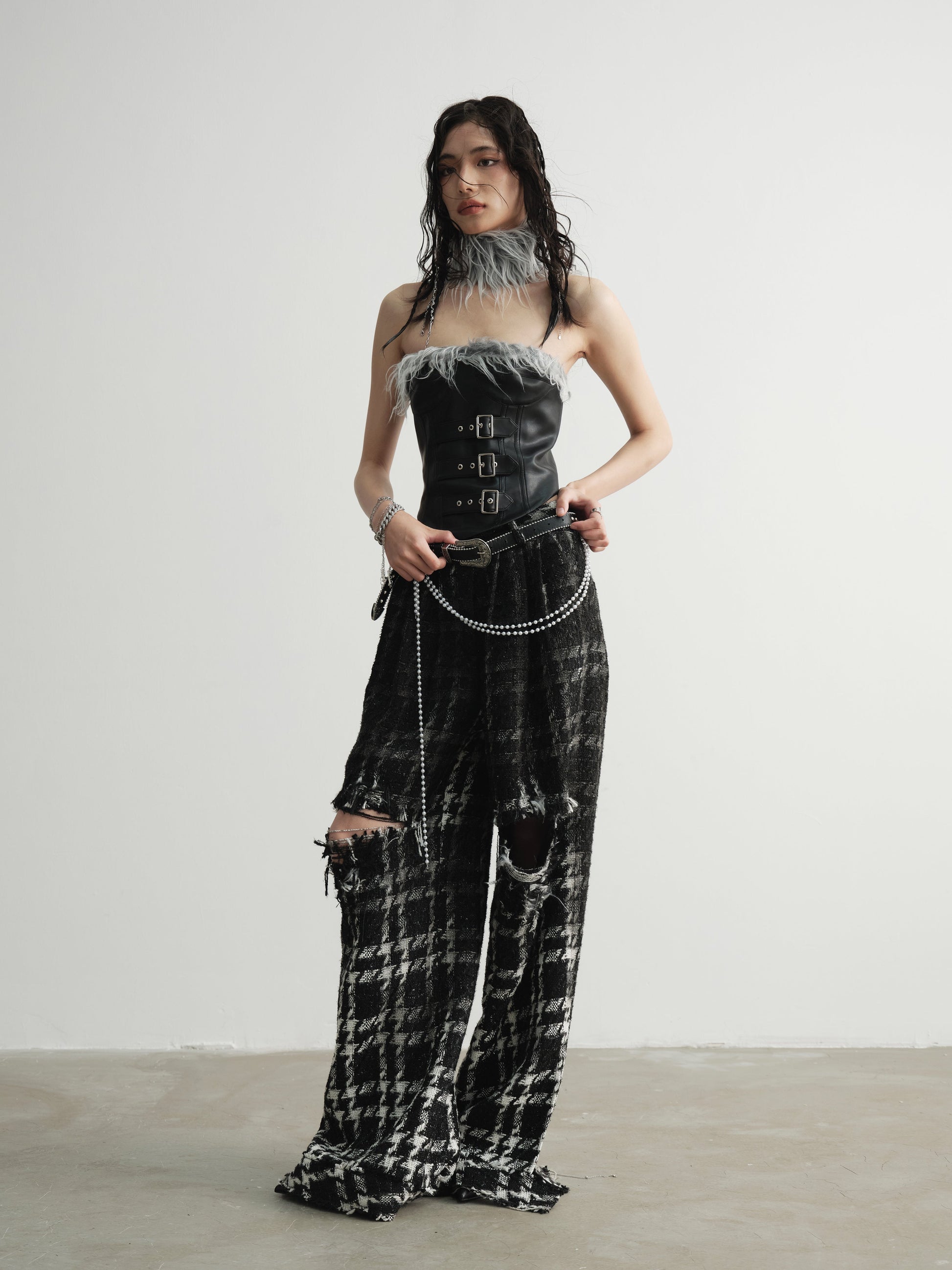 Punk Heavy Sense Raw Edge Gradient Wide Leg Plaid Trousers