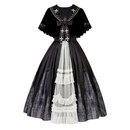 Cornfield Lolita - Silent Church - Gothic Lolita JSK Dress Printed Dress Thin Shawl Set