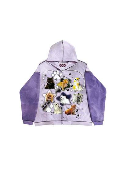 Cat Print ZIP-Up Hooded Sweat【s0000004223】