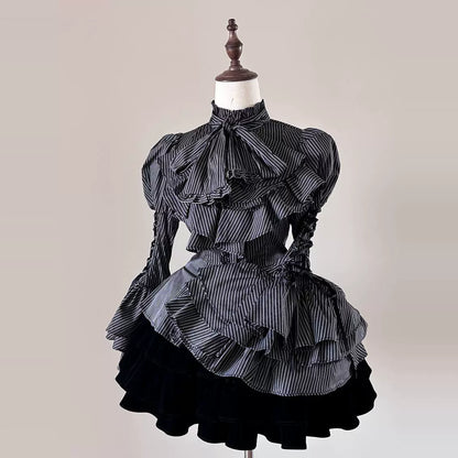 FlowerFairyDaily - Gothic Lolita Striped Shirt With Alternative NeckTie/Jabot