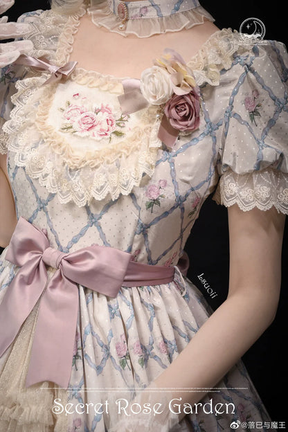 Moon River - Elegant Lolita OP Dress Short Sleeve Square Neckline Print Dress