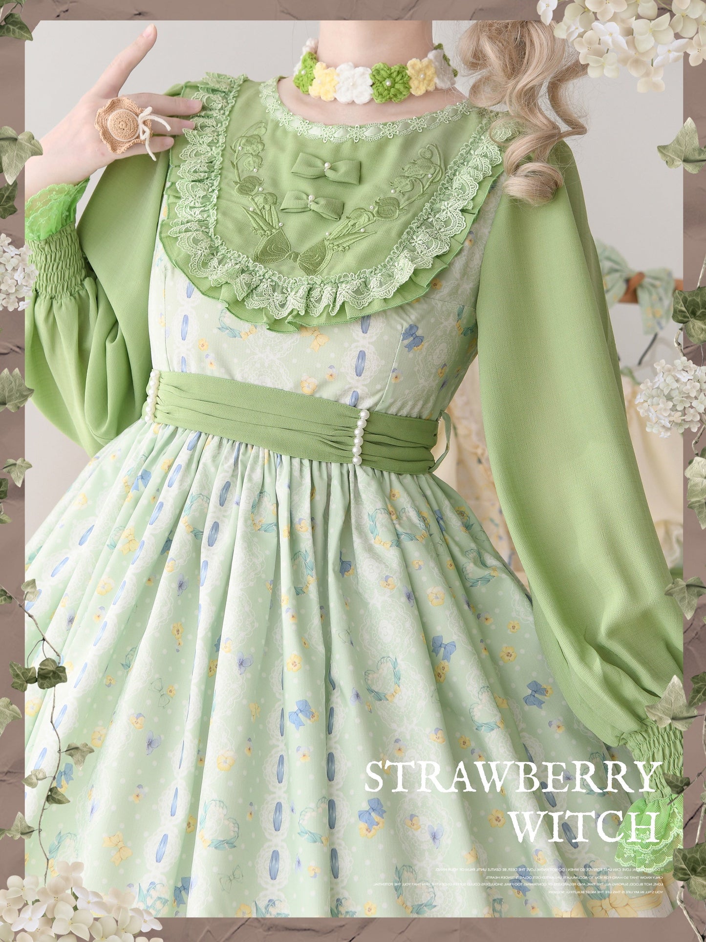 Strawberry Witch - Lily of the Valley Kitten - Country Lolita OP with Embroidery and Cat Print