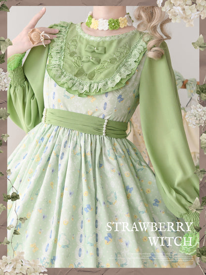 Strawberry Witch - Lily of the Valley Kitten - Country Lolita OP with Embroidery and Cat Print