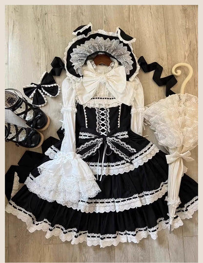 TaTaTa Lolita - Otome Heart - Cotton Old School Lolita JSK Dress Suit, Heart-Shaped Lace Trim