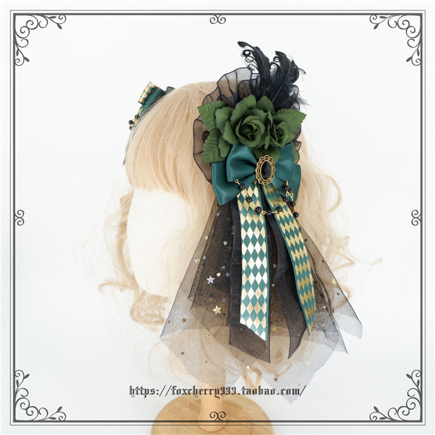 Fox Cherry - Green Lattice Rabbit Ear Bow Lolita Hat Headdress