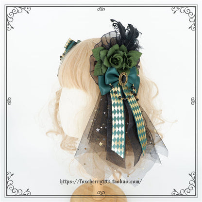 Fox Cherry - Green Lattice Rabbit Ear Bow Lolita Hat Headdress