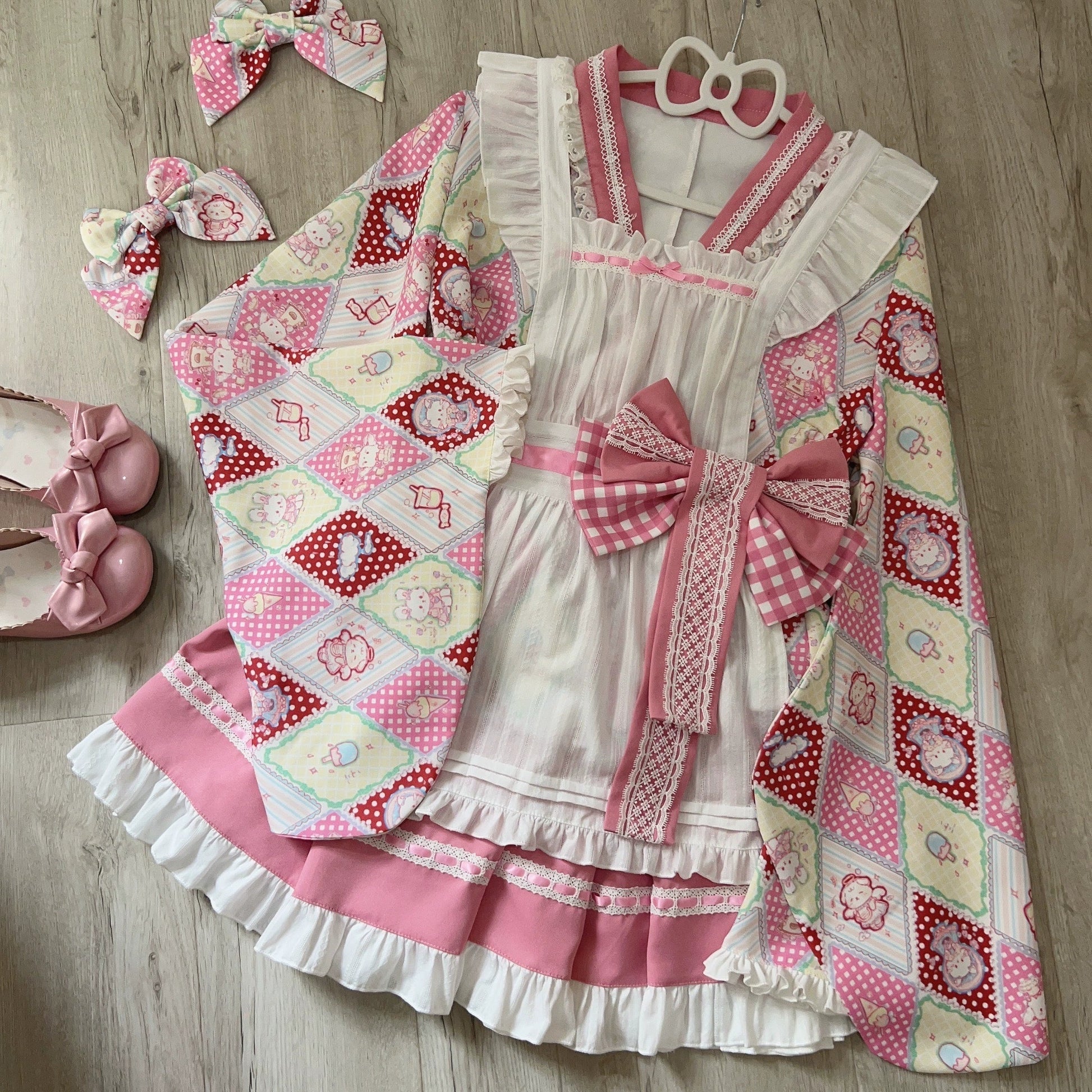 Sugar Girl - Showa Sweetness - Maid Wa Lolita Skirt Set Cute Summer Lolita Bow Apron