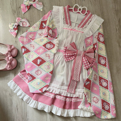 Sugar Girl - Showa Sweetness - Maid Wa Lolita Skirt Set Cute Summer Lolita Bow Apron