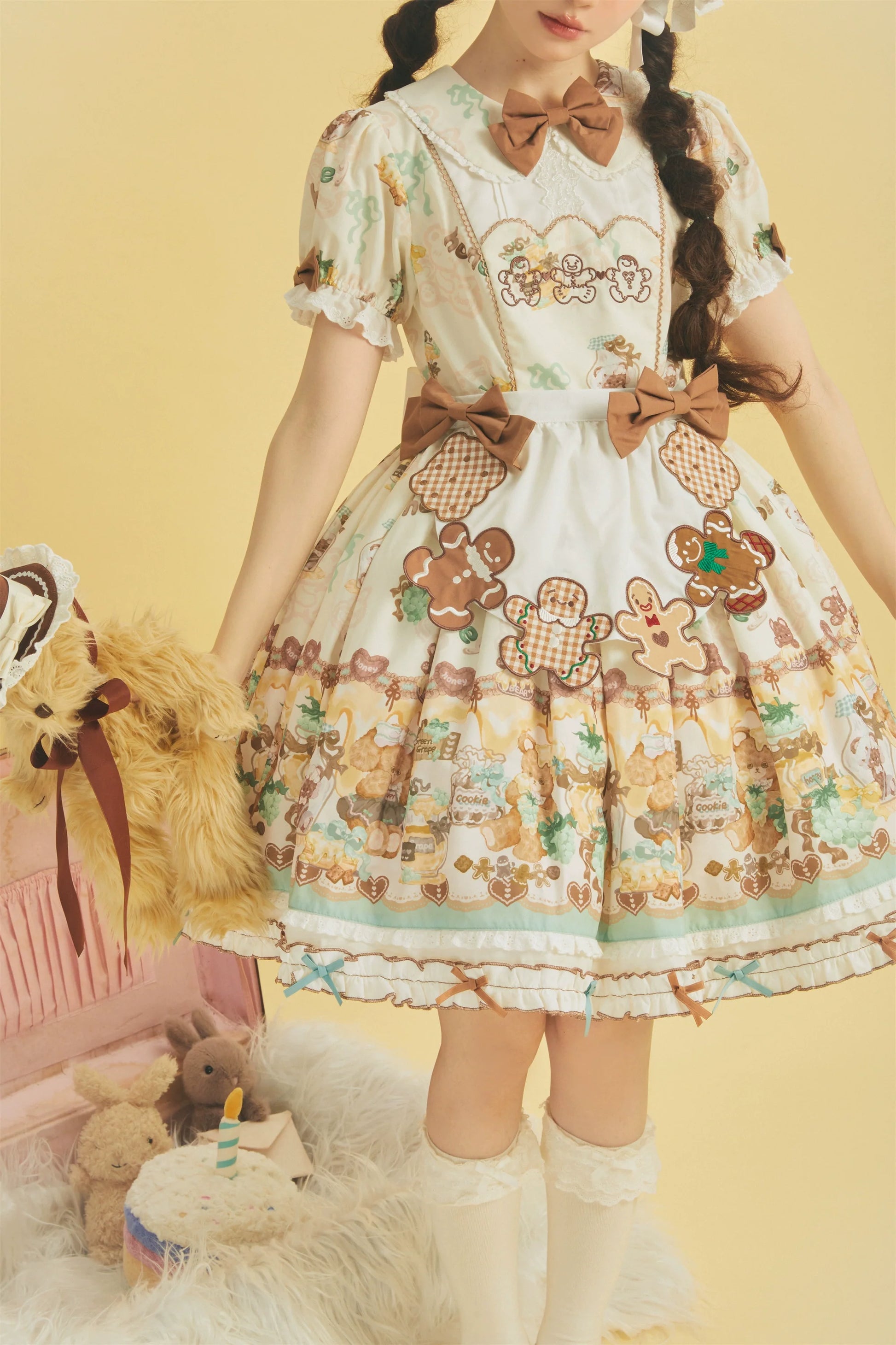 Babyblue - Little Bear Honey Jar - Kawaii Lolita Short Sleeve OP Gingerbread Man Embroidered Dress